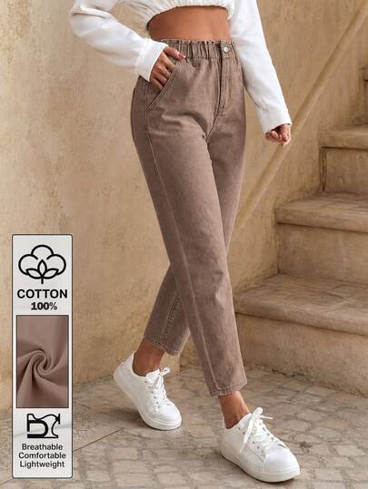EMERY ROSE Damskie letnie jeansy z prostymi nogawkami i talią typu paperbag 50+ sprzedano