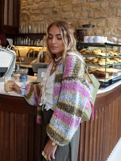 FOR BEAUTY damski elegancki i uroczy kardigan sweter w stylu Y2K, gruby dzianinowy, wielokolorowy w paski, casualowy na wyjścia, jesień/zima