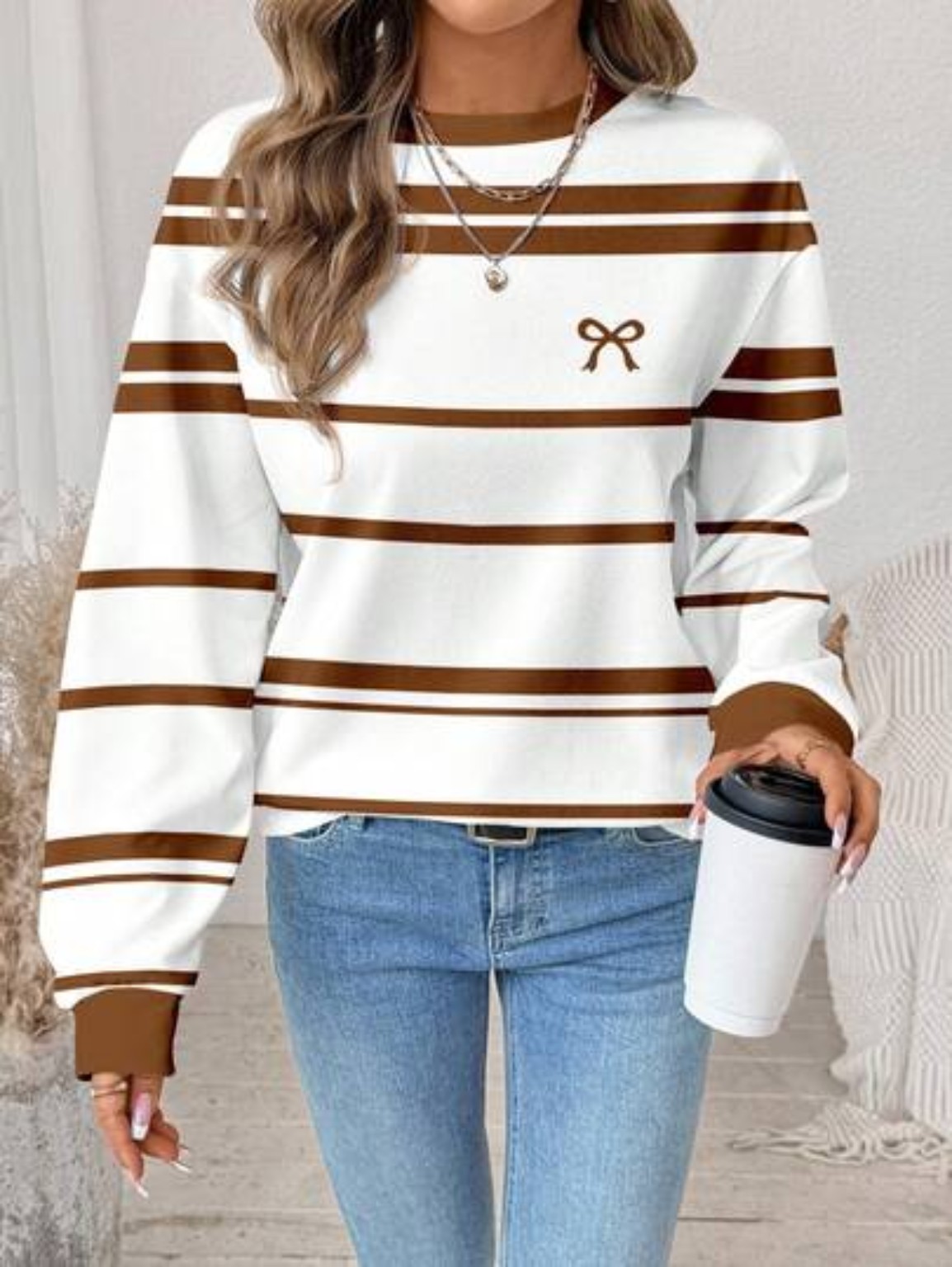 SHEIN LUNE damska bluza w paski, luźny krój, długi rękaw