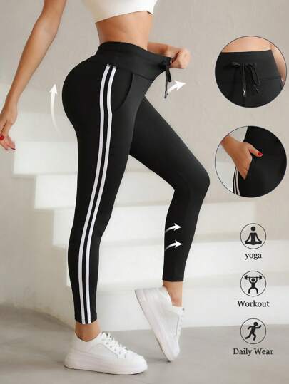1 szt. damskie sportowe legginsy z wysokim stanem, sznurkiem w pasie, kieszeniami i pasami po bokach, bardzo rozciągliwe, do siłowni i jogi, czarne, na wiosnę i jesień, letni